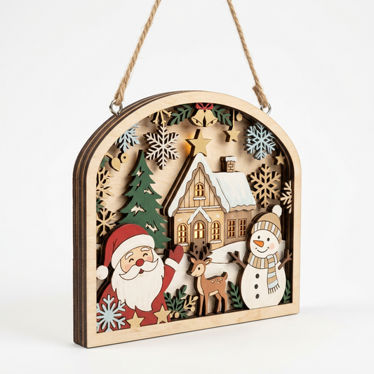 3D Wooden Christmas Hanging Plaque with Warm LED Lights & Music | Layered Santa, Snowman & Winter Cottage Decoration